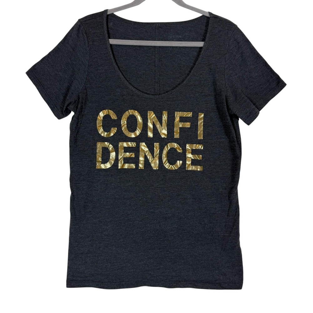 Shirt Womens Medium Gray Scoop Neck Short Sleeve Confidence Graphic Gold Tee